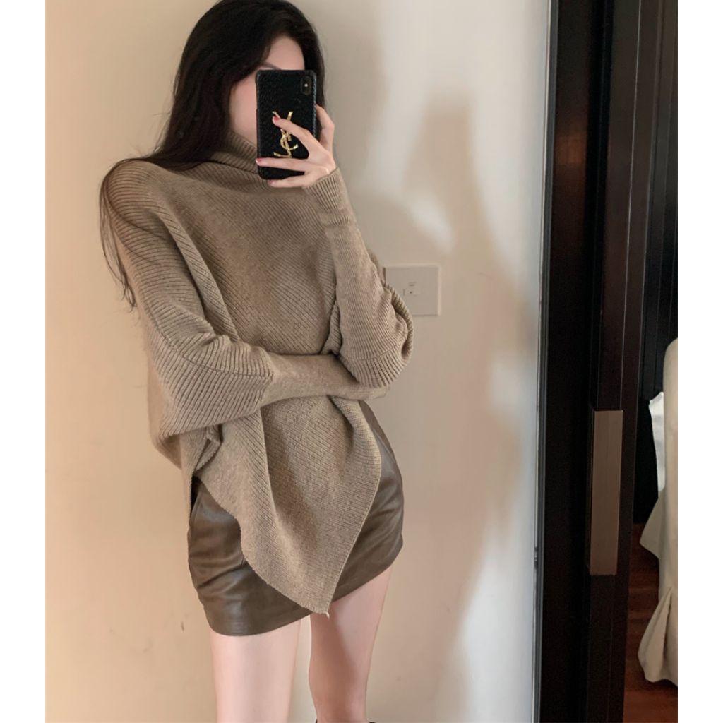 Áo len choàng dài tay cổ lọ màu nâu đậm, áo len nữ thời trang order Taobao nhà Oanhdilys