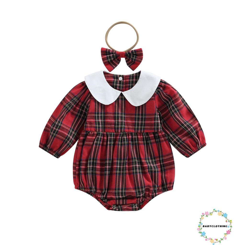 Set Áo Liền Quần + Băng Đô Họa Tiết Caro Dễ Thương Cho Bé Gái