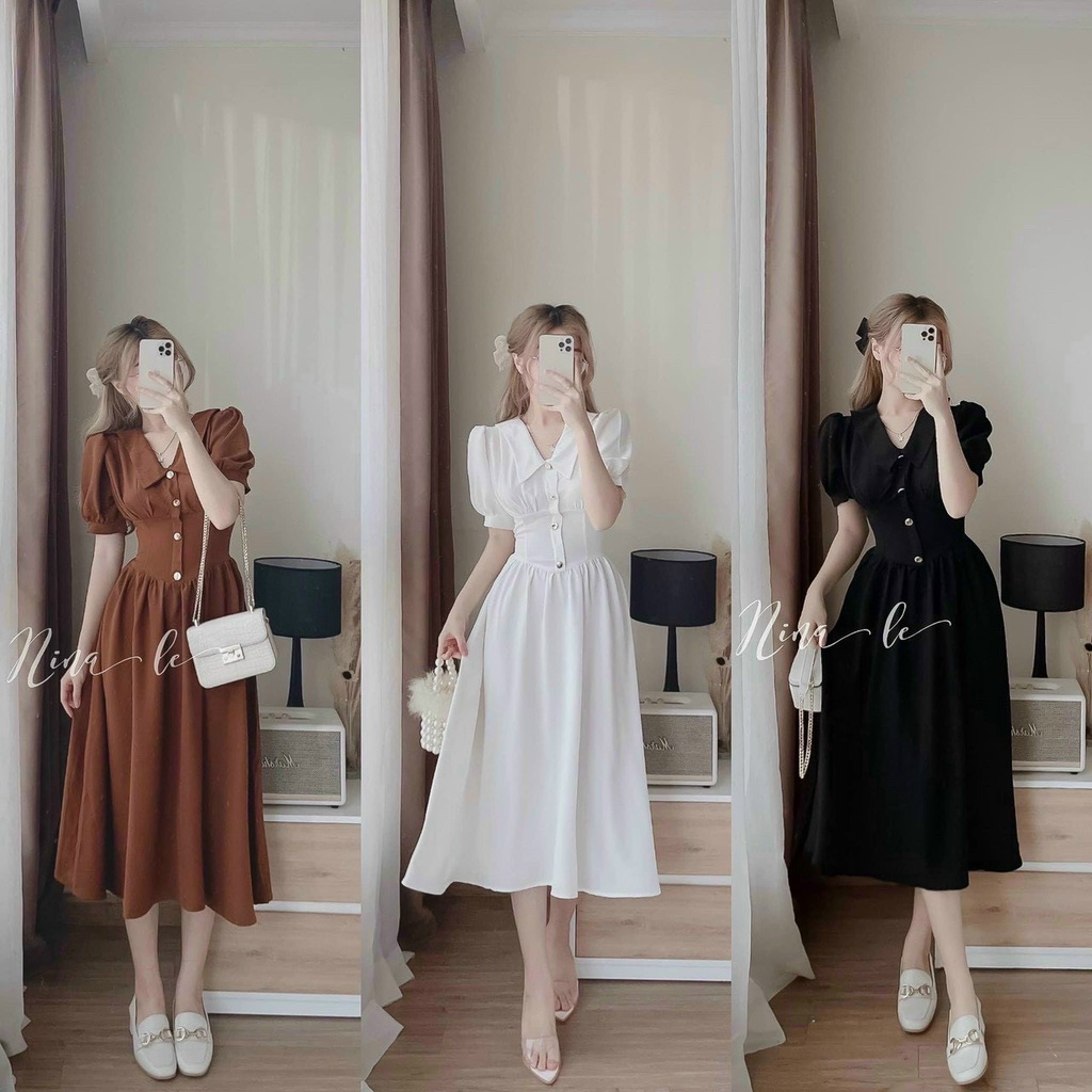 Đầm Von Mịn Cổ Bẻ Thuyền Đính Nút Bự Tay Ngắn Sành Điệu TTSA1987