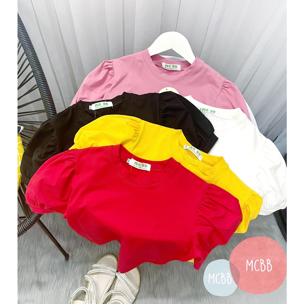 Mcbb - 24-49 kg 100% vải cotton áo kiểu cho bé gái croptop trơn áo tay phồng áo thun bé gái ngắn thời trang nữ blouse bộ