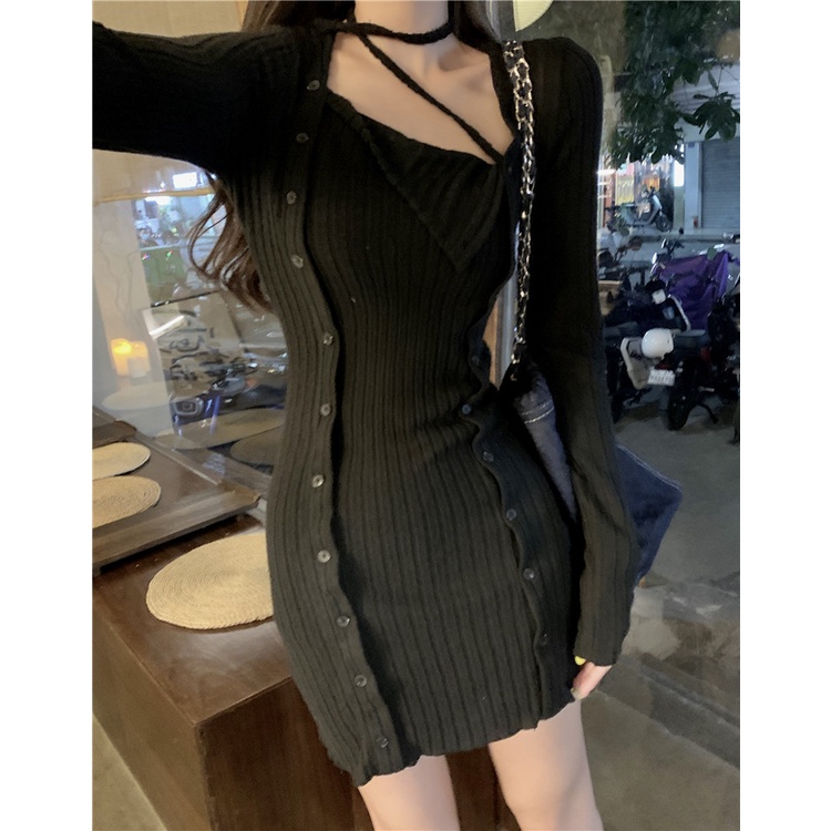 Đầm ZHELIHANGFEI dệt kim dài tay cổ yếm lưng cao phong cách quyến rũ dành cho nữ