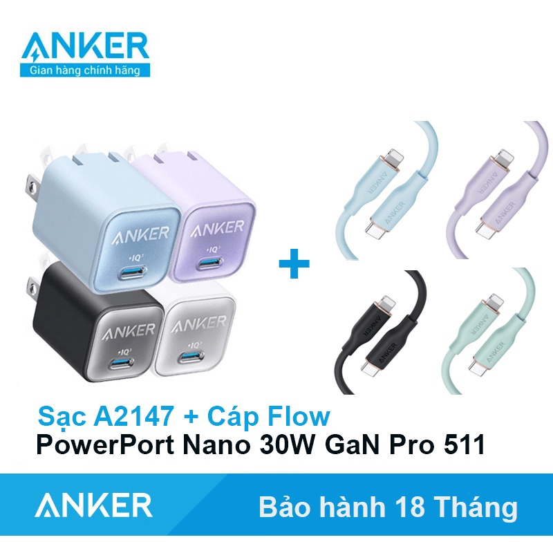 Combo sạc nhanh ANKER 30W 511- A2147 và Cáp sạc nhanh Type C to IP Flow III 20W 30W - A8662 A8663