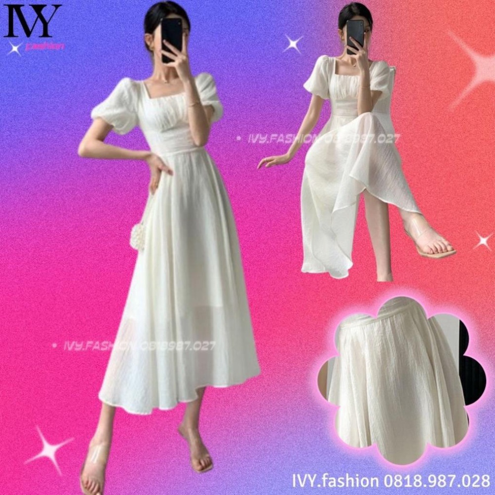 Đầm váy midi 🔥tơ lụa🔥 cổ vuông tay phồng ngắn maxi kiểu Pháp gió nhẹ nhàng chiết eo nơ lưng cạp cao bigsize đại đi bi