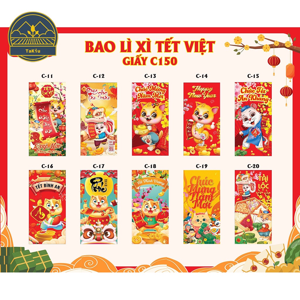 Bao Lì Xì 2023 Truyền Thống Tết Quý Mão Giấy Bóng C150 Mẫu Tuỳ Chọn Combo 10 Bao