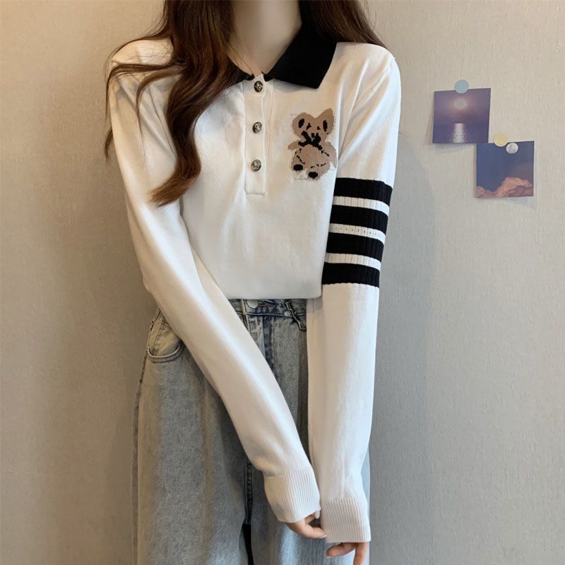 COZOK Áo polo Dệt Kim Tay Dài Thêu Hình Gấu Màu Tương Phản Dễ Thương