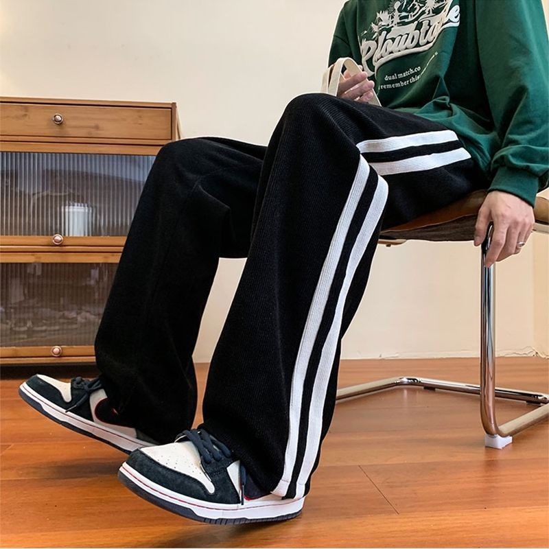 Quần dài ông rộng chất nhung tâm thu đông cao cấp  2 sọc viền from unisex nam nữ. Hình Thật thể thao.