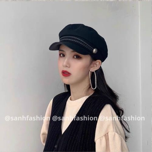Mũ Thủy Thủ Trơn Mỏ Da Viền Dây Đan Nón Beret Thời Trang Phong Cách Hàn Quốc Form Unisex Nam Nữ_sanhfashion