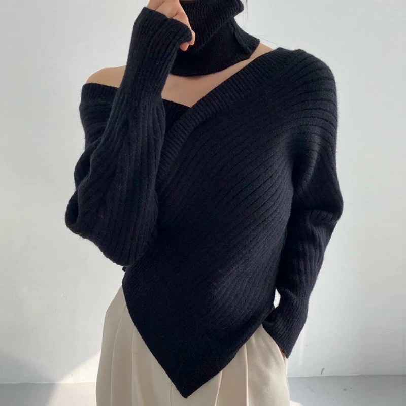 Áo len nữ trễ vai, kèm vòng khăn cổ rời cá tính