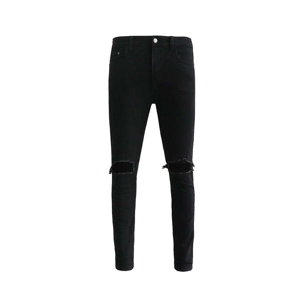 Quần Skinny Jeans Nam-Màu Đen-Kiểu Rách Gối Lớn-Chất Liệu Cotton Co Giãn-Ống Đứng Dáng-Ống Ôm Chân Chuẩn Skinny