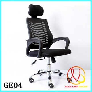 Ghế xoay văn phòng GE04, học tập làm việc, có tựa đầu, xoay 360 độ tăng chỉnh linh hoạt, chân thép mạ crom 3 lớp