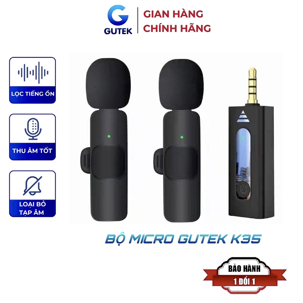 Bộ 2 micro thu âm không dây cài áo Gutek K35 khử tiếng ồn để livestream phát trực tiếp quay video cổng jack 3.5mm