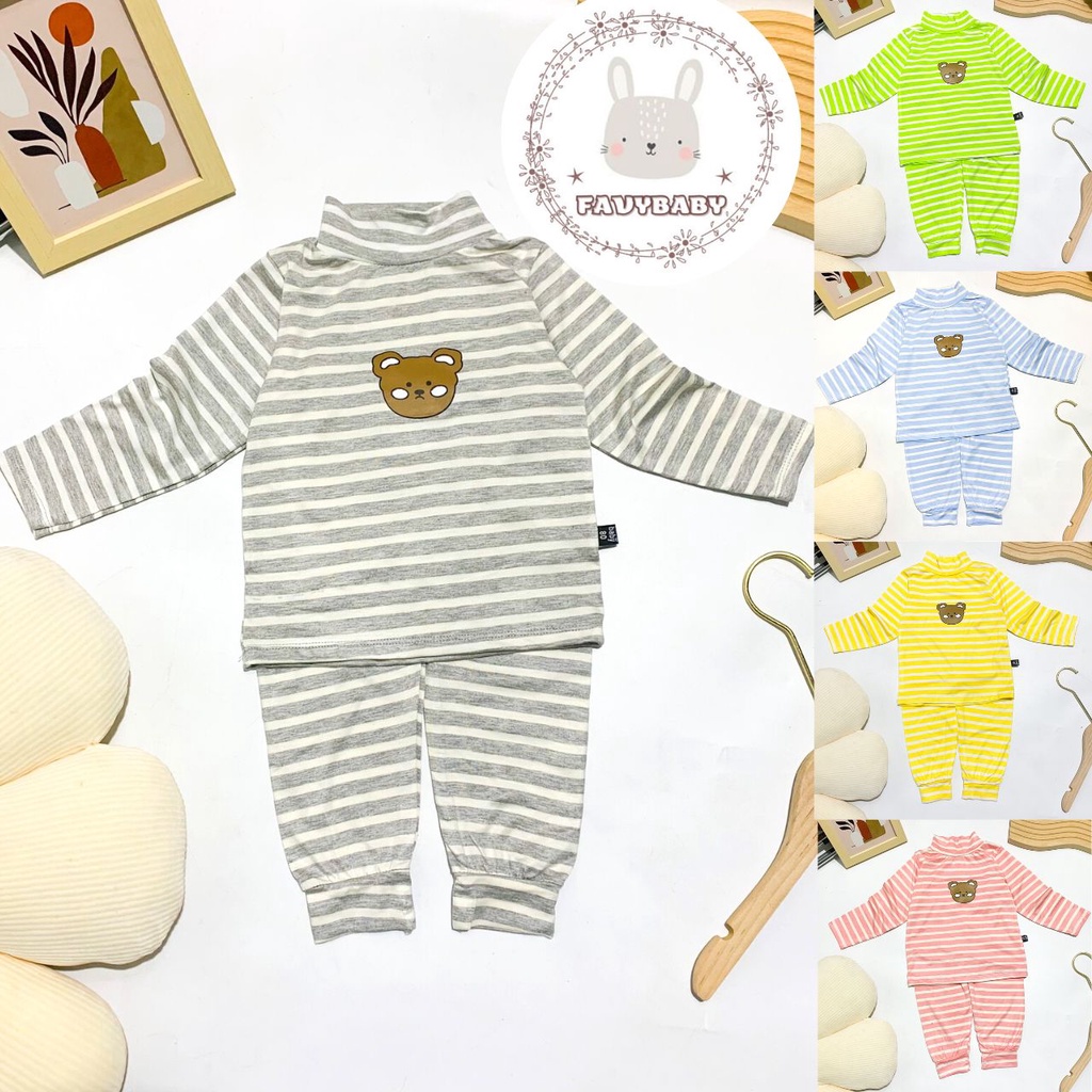 Bộ Dài Tay Cổ Cao Thu Đông MINKY MOM Chính Hãng Thun Lạnh Sọc Dệt Visco Hình in Gấu Cho Bé 0 1 2 3 4 5 Tuổi - Favybaby