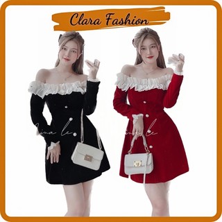 Váy nhung trễ vai bèo khuy ngọc 2 màu tay dài clara siêu xinh