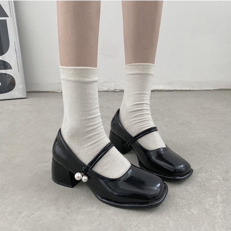 Giày búp bê có quai đính hạt Mary Jane mũi vuông đế cao 5cm thanh lịch Yannie Lolita