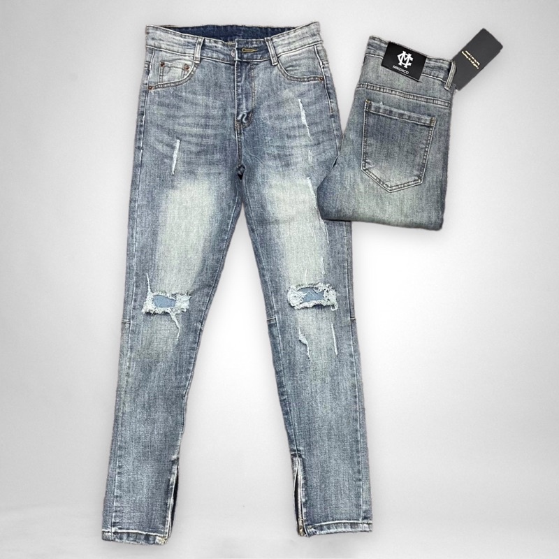 Quần jean bò nam slimfit xanh nhạt rách thủng gối thêu khoá zip ống phong cách bụi bặm đường phố