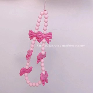 Dây đeo điện thoại xâu hạt acrylic hình nơ hồng đỏ hoạt hình độc đáo đơn giản độc đáo
