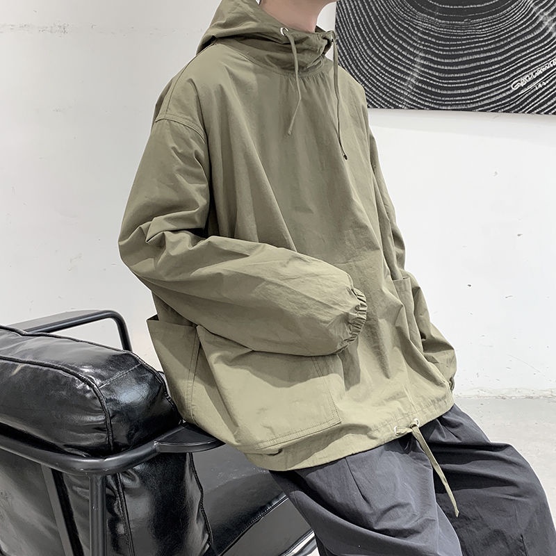 Áo khoác bomber nam nỉ áo khoác dù gió  Áo Khoác Hoodie Chui Đầu Dáng Rộng Màu Trơn Phối Dây Rút Kiểu Nhật Bản Thời Trang Xuân Thu Cho Nam