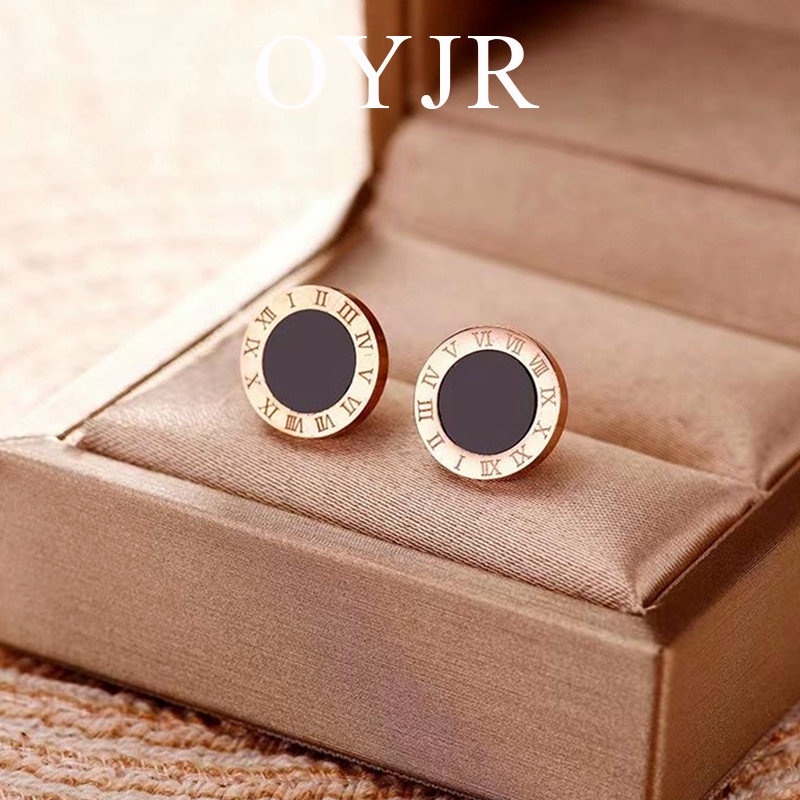 OYJR Titan bông tai chống gỉ thanh lịch phụ nữ thời trang đen số La Mã Hoa tai Vàng hồng