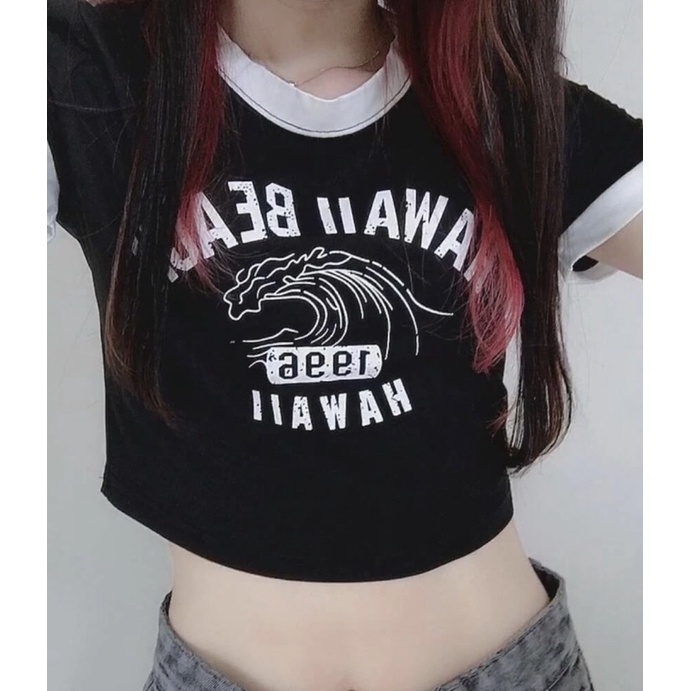 ✨Áo thun croptop tay ngắn nữ hoạt tiết chữ HAWAII BEACH✨