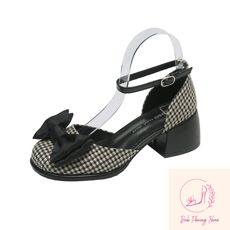 Giày búp bê kẻ đính nơ gót vuông 5cm phong cách tiểu thư bichphuongshoes