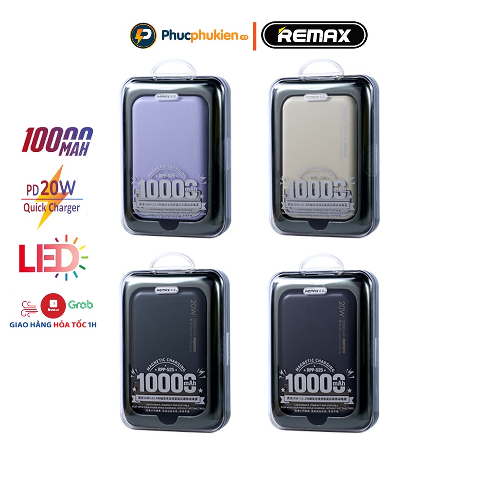 Sạc dự phòng không dây 10000mah Remax RPP 525 hỗ trợ sạc không dây 15w và 2 cổng sạc 20w và 22,5w Phúc Phụ Kiện