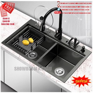 Bồn rửa chén Inox 304 chậu nano màu đen 2 hộc đen giật cấp