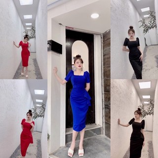 Đầm body cổ vuông nhún bèo