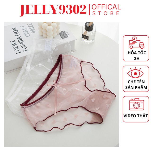 Quần Lót Ren Nữ Xuyên Thấu Sexy Viền Màu Họa Tiết Trái Tim Đính Nơ Gợi Cảm-Quần Chíp Nữ Xinh Xắn, Gợi Cảm