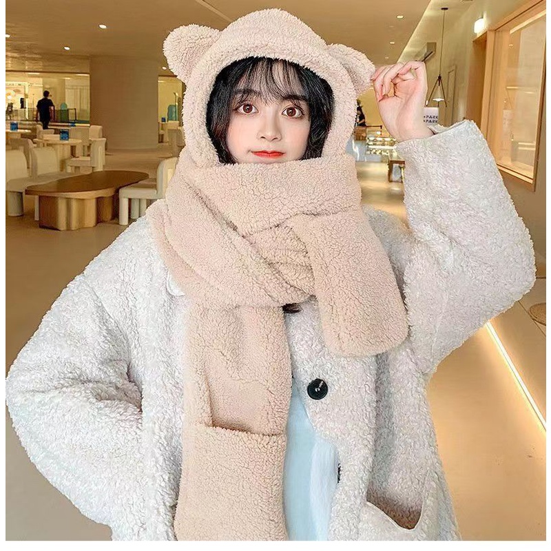 Mũ Lông Cừu Tai Gấu 3 in 1 Kèm Khăn Quàng Cổ Và Găng Tay Ấm Áp Cho Nữ Mùa Đông