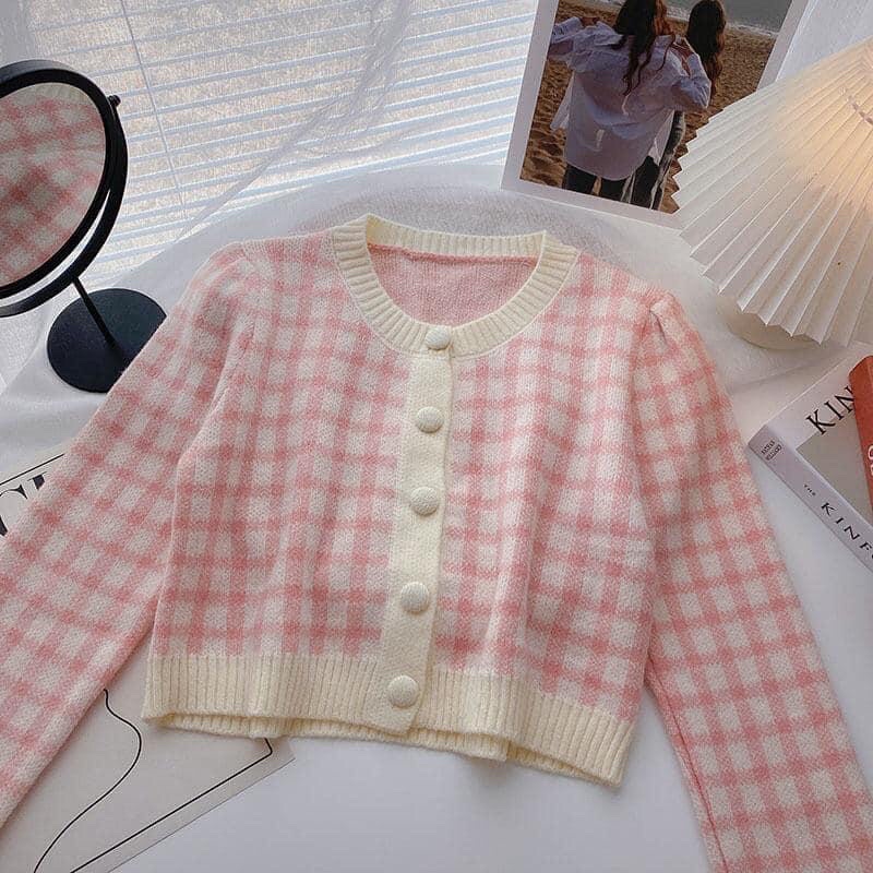 Áo crotop cardigan len kẻ caro ô vuông
