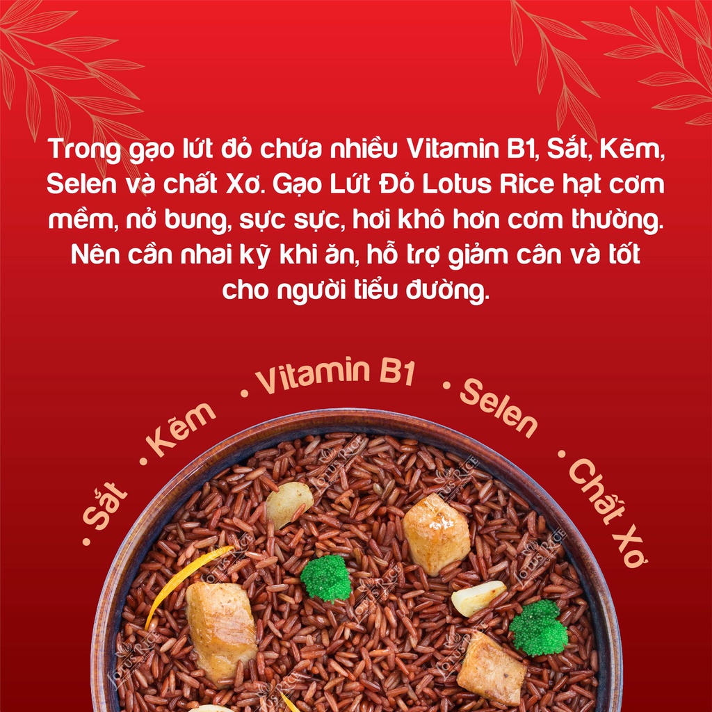 Gạo Lứt Đỏ mềm bùi dễ ăn Lotus Rice 1kg - Dễ ăn dễ nấu - Nhiều chứng nhận ATTP