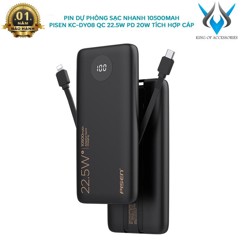 Pin dự phòng sạc nhanh PISEN Quick KC-DY08 dung lượng 10000mAh QC 22.5W và PD 3.0 20W - tích hợp 2 cáp (màu ngẫu nhiên)