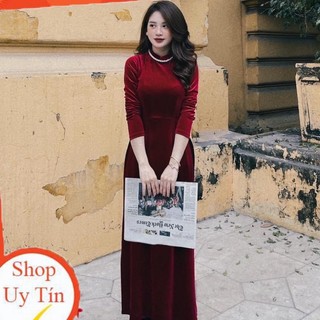 Áo dài nhung đỏ đô mặc tết thời trang may sẵn cao cấp