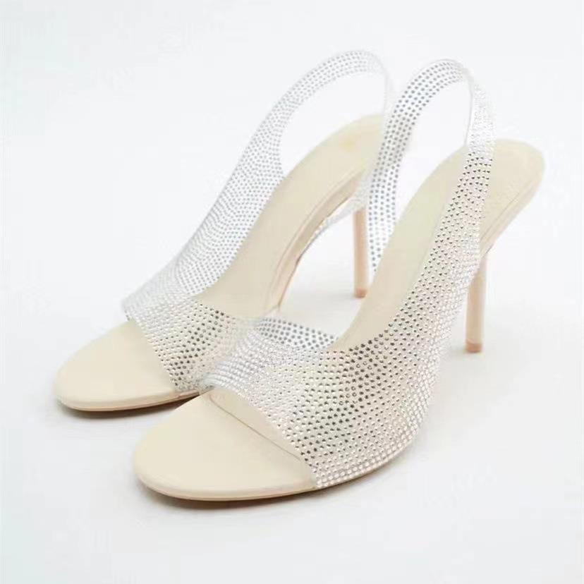 Giày Sandal Cao Gót Quai Nhựa PVC Đính Đá Thời Trang Sang Trọng