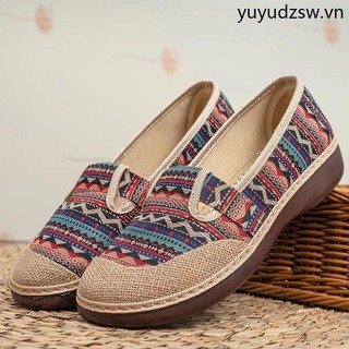 Giày lười vải cotton lanh thêu họa tiết thổ cẩm thời trang mùa hè cho nữ