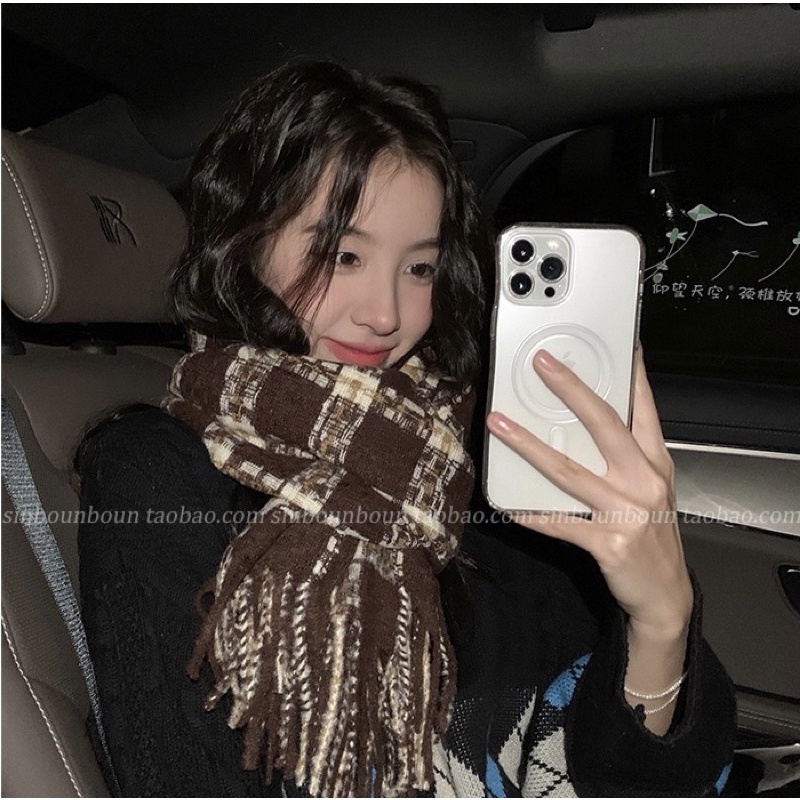 LOẠI 1 QC : KHĂN LEN ĐÔI KẺ CARO VINTAGE NAM NỮ COUPLE NÂU ĐEN BASIC