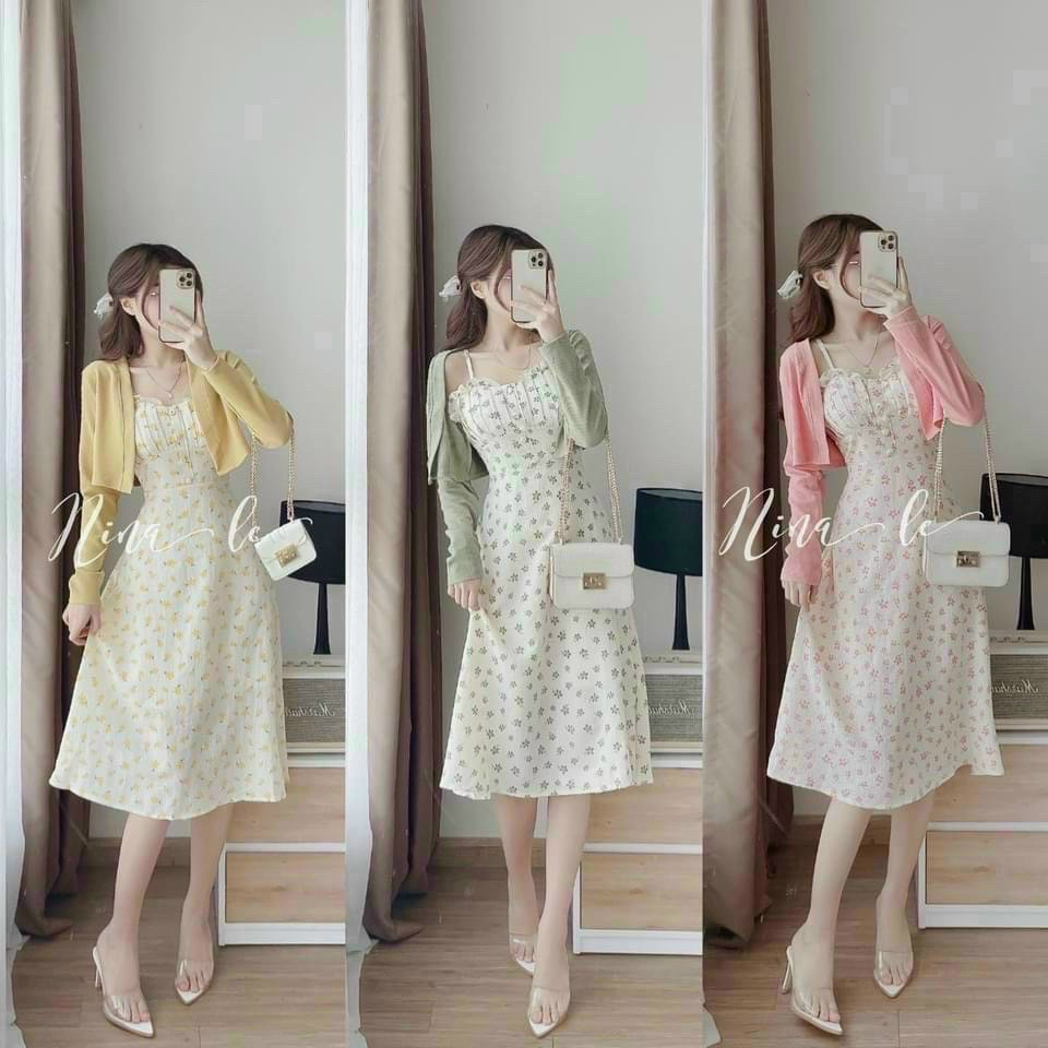 Set váy đầm nữ sang trọng hoạ tiết hoa nhí kèm áo khoác gân tôn dáng trẻ trung sang trọng DX
