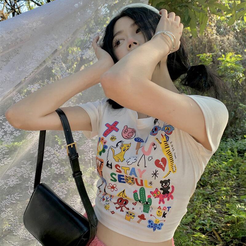 IELGYÁo Thun Tay Ngắn In Họa Tiết Hoạt Hình Phong Cách Đường Phố Cho Nữ
