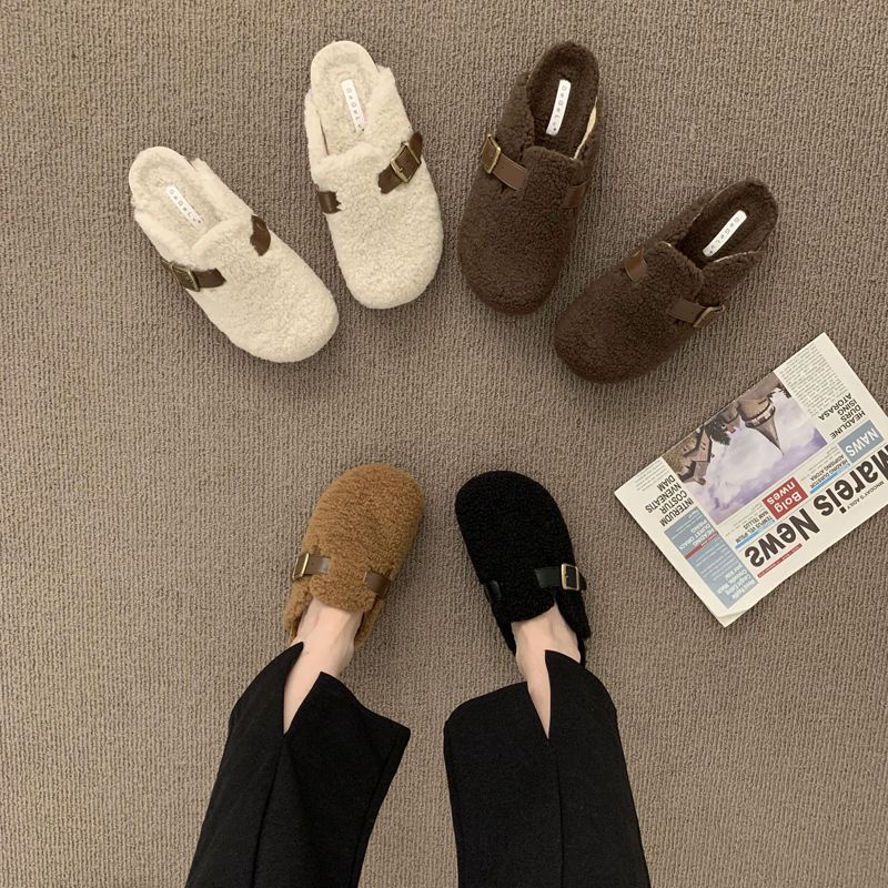 Dép Bít Mũi Phối Lông Xù Phong Cách Hàn Quốc Thời Trang Thu Đông Mới Dành Cho Nữ