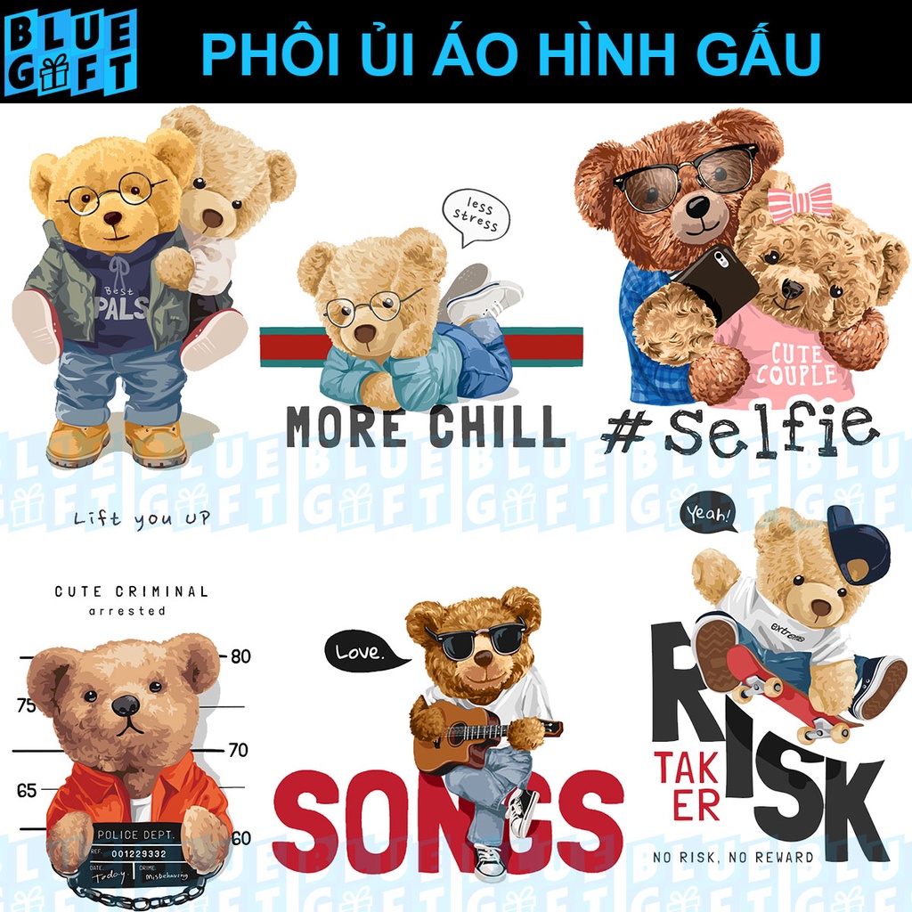 (Hình Ủi Nhiệt Quần Áo - Miếng Dán Ủi Quần Áo) Có In Theo Yêu Cầu, Hình Ủi Gấu G7 - Blue Gift