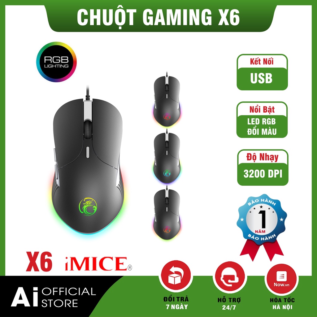 Chuột Gaming IMICE X6 – Led đổi màu – Độ nhạy 6400 DPI – Bảo hành 12 tháng!!!