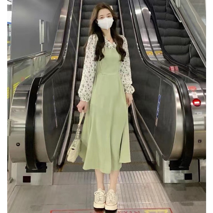 Đầm Dài Giả Hai Mảnh Tay Dài In Họa Tiết Hoa Phong Cách Pháp Thời Trang Mùa Thu 2022