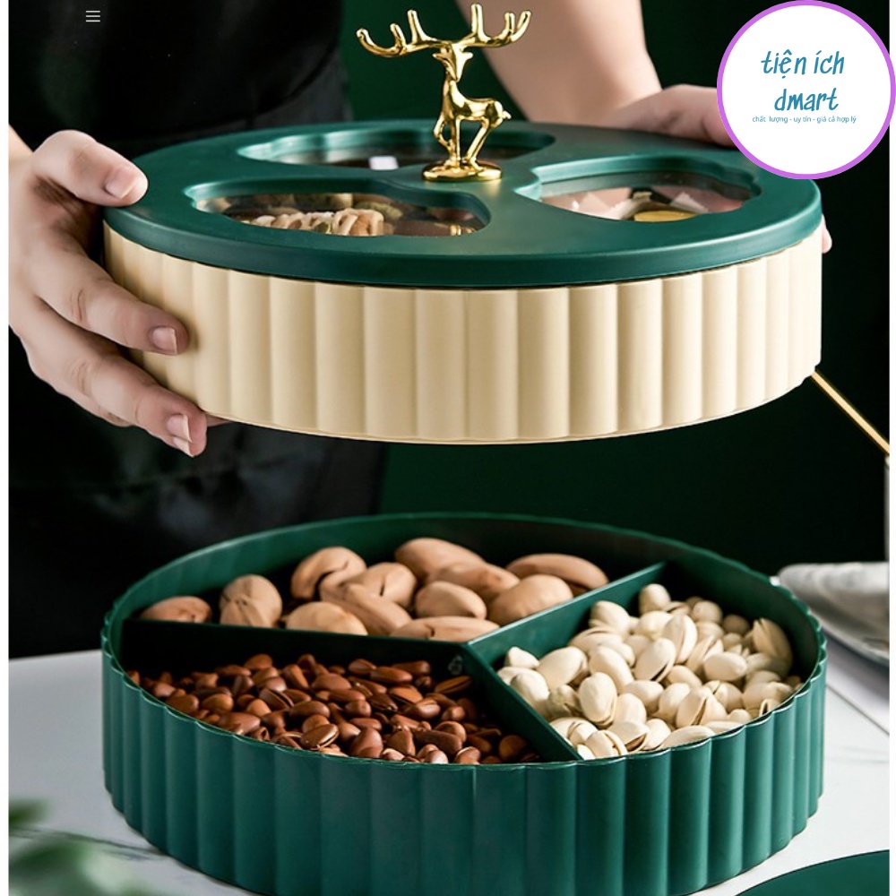 khay đựng bánh kẹo tết phong cách châu âu sang trọng, khay mứt tết 2 tầng quai hươu vàng