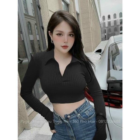 Áo thun gân cổ bẻ dài tay 3 màu gomboutique77 , Áo thun ôm body nữ vạt bầu tay dài cổ bẻ V trơn💕💕💕g8777