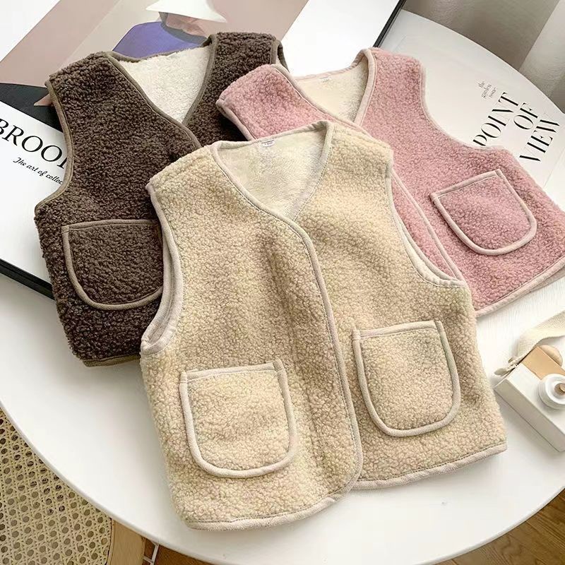 MNGRL Áo Gile Lông Cừu Thoải Mái Không Tay Màu Trơn Hàn Quốc Cho Bé Gái Bé Trai
