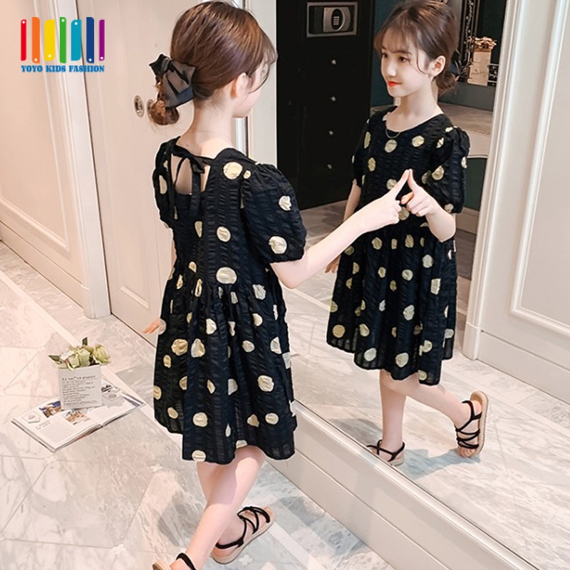 Đầm Công Chúa Họa Tiết Chấm Bi Màu Trắng Đen Phong Cách Retro Cho Bé Gái 5-16 Tuổi 57B6 Tuổi
