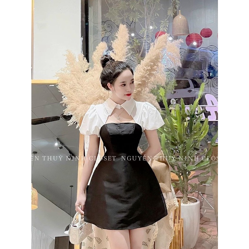 Đầm thiết kế tapta có cup ngực dáng chữ A phối cổ sơ mi lụa sang chảnh - váy xòe tay phồng tôn dáng mặc đi đám cưới