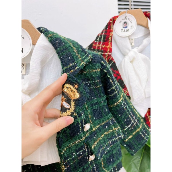 Set dạ xịn cao cấp kèm áo somi nơ tiểu thư bé gái