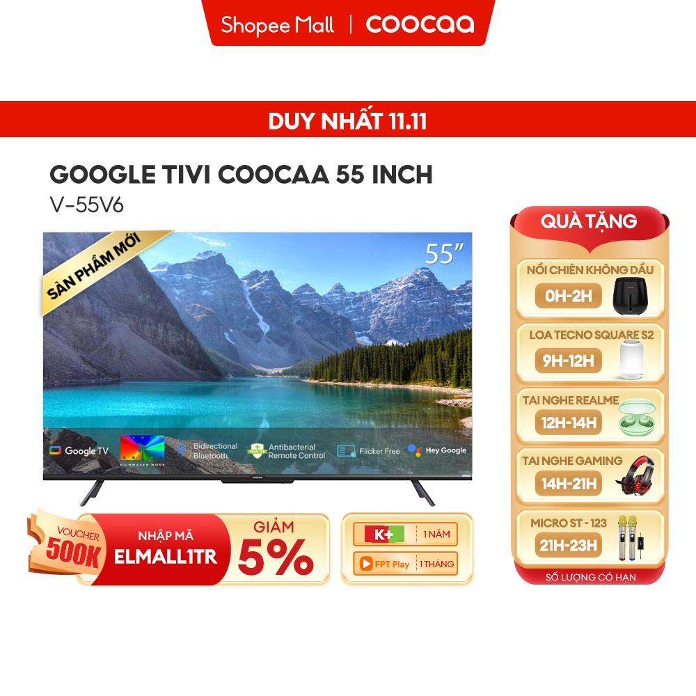 [Mã ELMALL6 giảm 6% đơn 300K] Google Tivi Coocaa 4K 55 Inch - Model 55V6 - Miễn phí lắp đặt