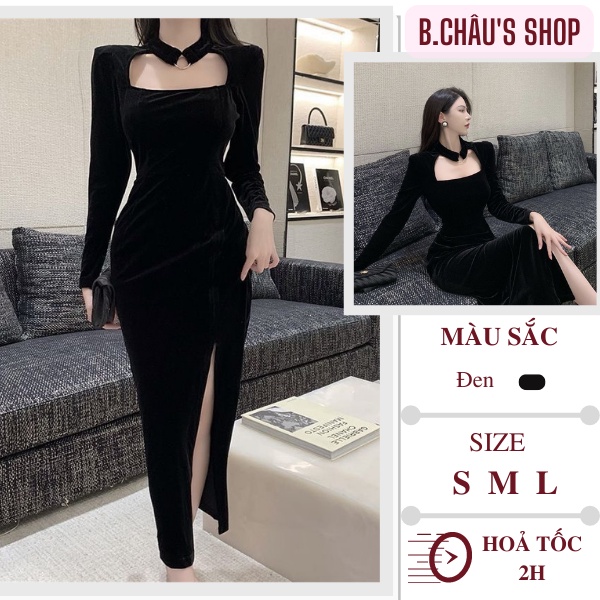 Đầm nhung mỏng xẻ tà ôm body | Đầm nữ dữ tiệc mùa thu | Váy cổ vuông sang trọng cho nữ